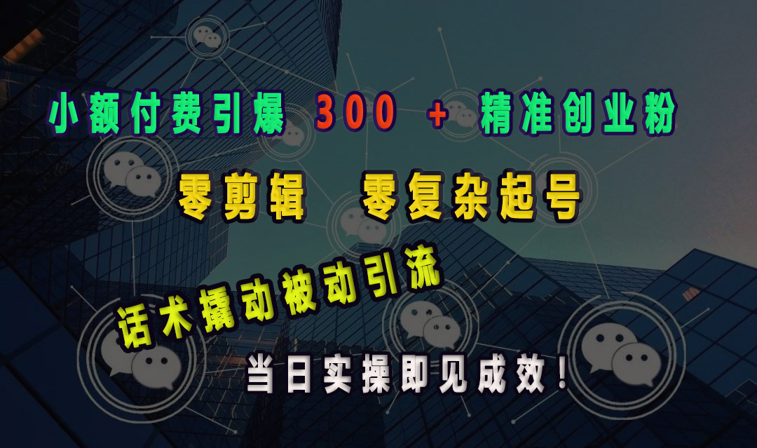 小额付费引爆 300 + 精准创业粉，零剪辑、零复杂起号，话术撬动被动引流，当日实操即见成效！-行行副业