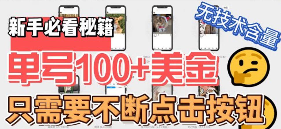 【副业项目6030期】最新无脑只需不断点击按钮，单号100美金暴利项目，可批量操作-行行副业