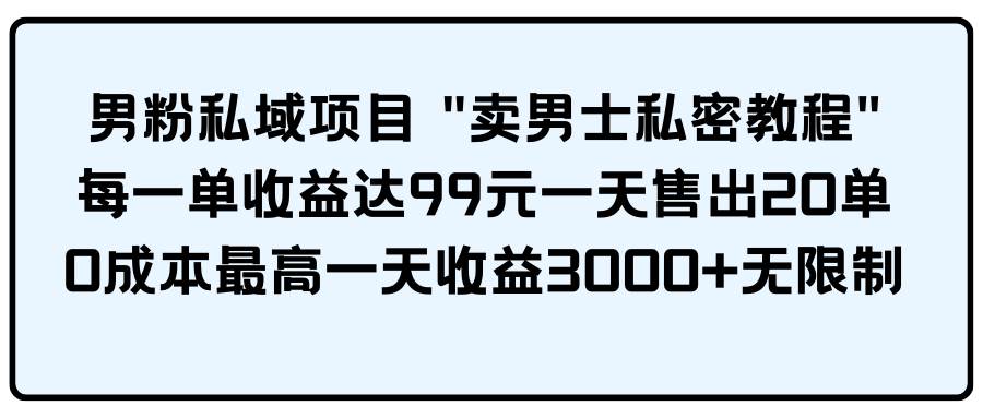 男粉私域项目 卖男士私密教程 每一单收益达99元一天售出20单-行行副业