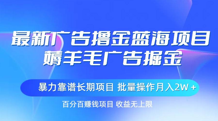 最新广告撸金蓝海项目，薅羊毛广告掘金 长期项目 批量操作月入2W＋-行行副业