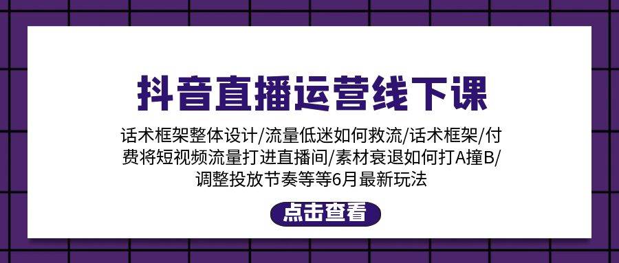 抖音直播运营线下课：话术框架/付费流量直播间/素材A撞B/等6月新玩法-行行副业