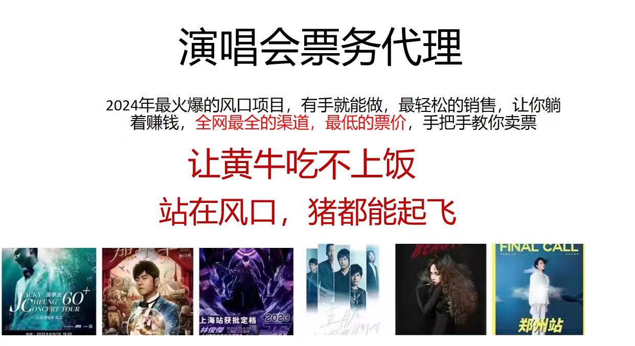 演唱会2024票务代理，全网最低的票价，手把手教你卖票，日入2000+-行行副业