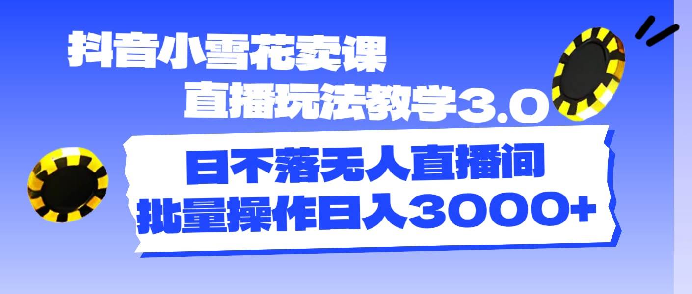 抖音小雪花卖课直播玩法教学3.0，日不落无人直播间，批量操作日入3000+-行行副业