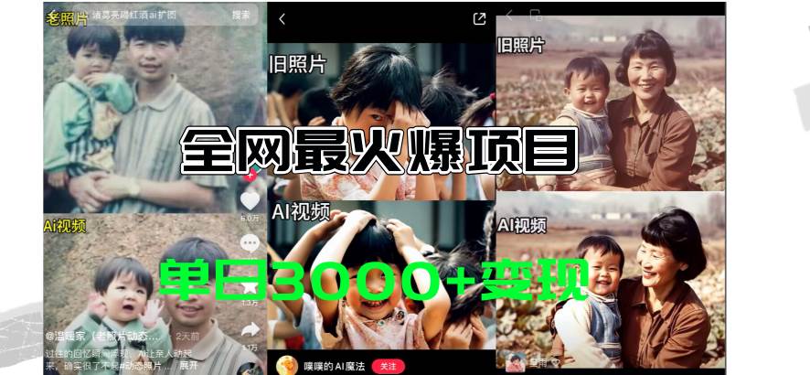 全网爆火的AI让老照片动起来教程，蹭热点日赚3000+，内含免费工具一键…-行行副业