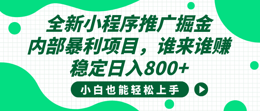 全新小程序推广掘金，内部暴利项目，小白轻松上手，稳定日入800+-行行副业