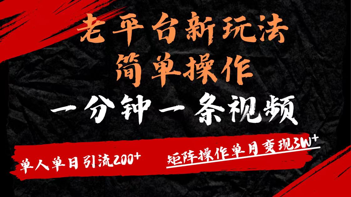 老平台，新玩法，简单操作，一分钟一条视频，单人单人引流200+矩阵操作，单月变现3W-行行副业