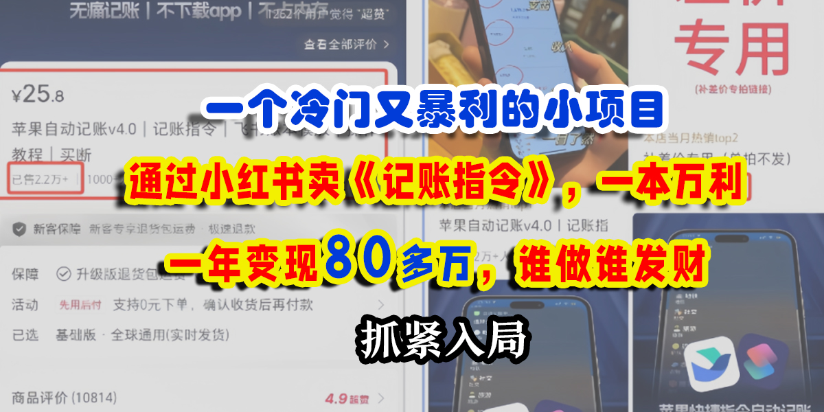 一个冷门又暴利的小项目，通过小红书卖《记账指令》，一本万利，一年变现80多万，谁做谁发财-行行副业