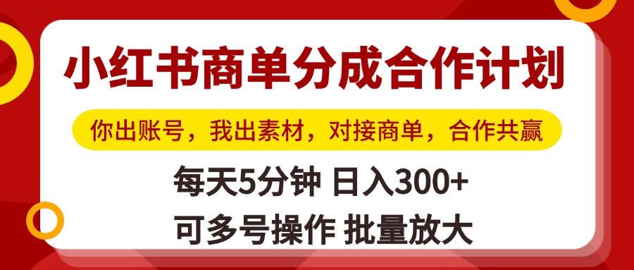 小红书商单分成合作计划，你出账号，我出素材，对接商单，合作共赢，单号日入300+，可批量放大-行行副业