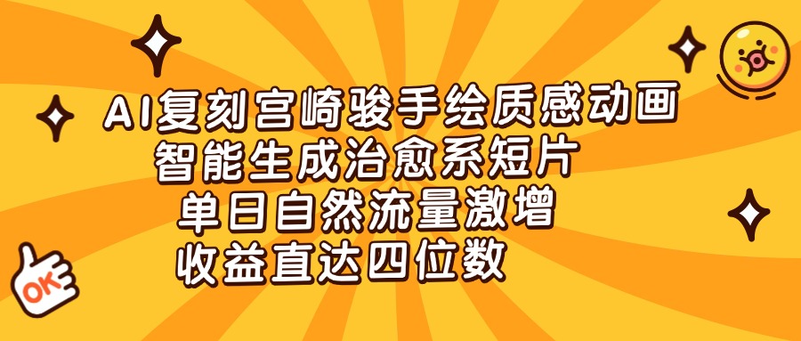 AI复刻宫崎骏手绘质感动画，智能生成治愈系短片，单日自然流量激增，收益直达四位数-行行副业