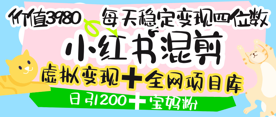 价值3980的小红书混剪， 虚拟变现 ＋全网项目库 ， 日引200+宝妈创业粉，每天稳定四位数变现-行行副业